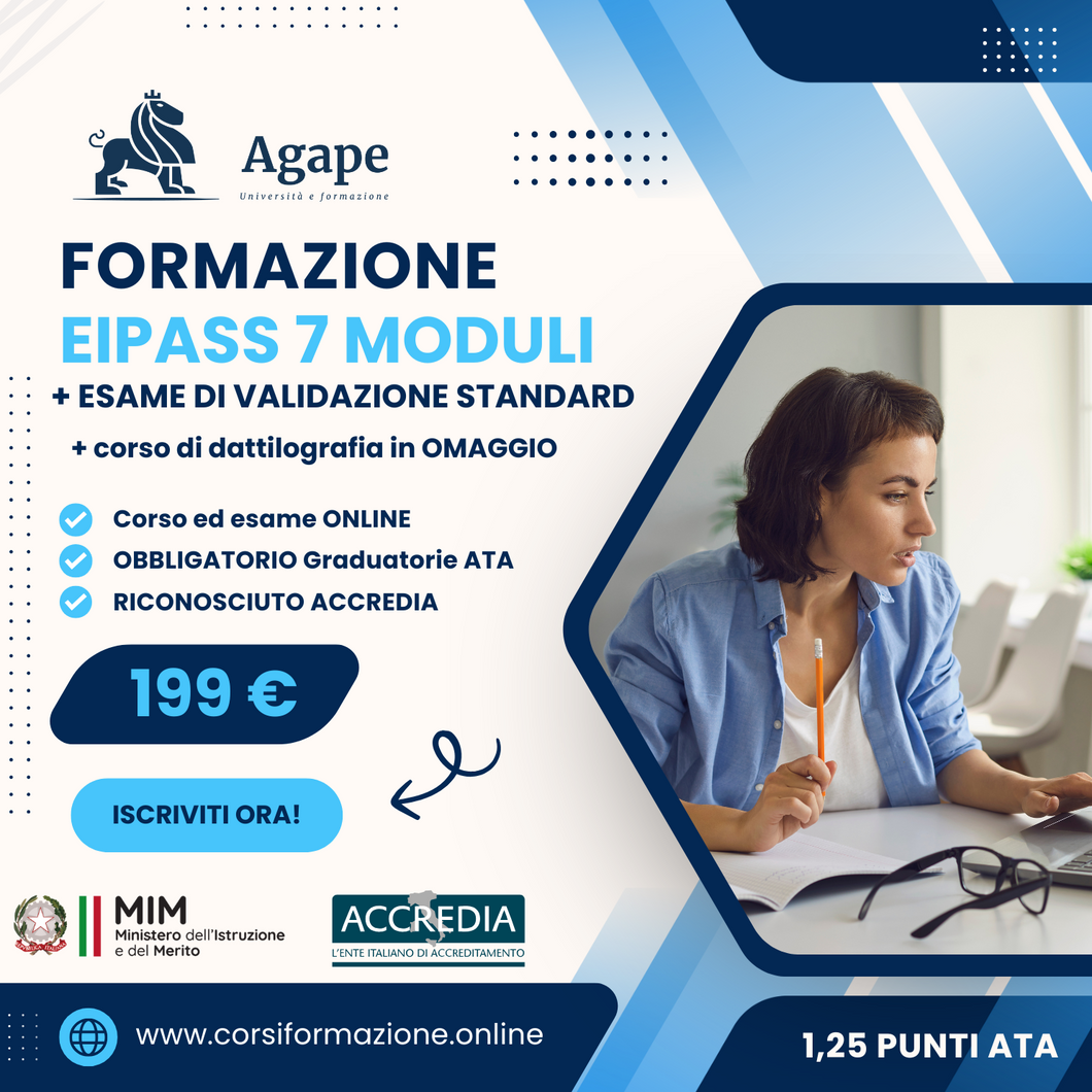 EIPASS 7 MODULI USER Più Corso Online di Dattilografia in Omaggio Più Esame Integrativo EIPASS 7 MODULI STANDARD